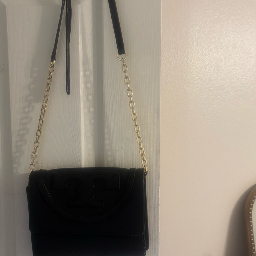 Tory Burch Black Leather Crossbody with Gold Chain